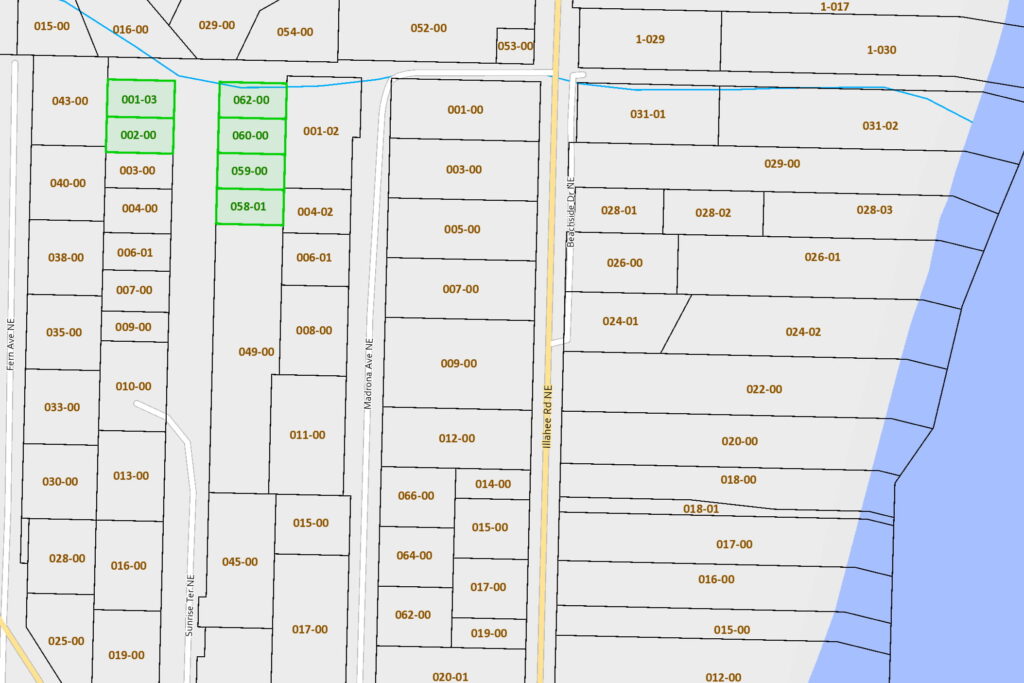 6-lot parcel lot lines on Sunrise Terrace NE, Illahee, Bremerton WA